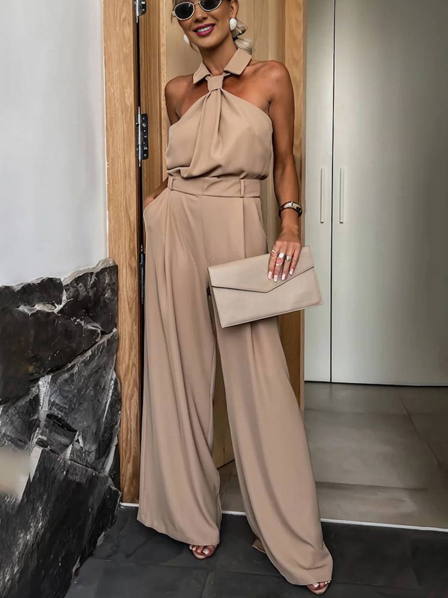 Levoire | Pantalons Larges Combinaisons Col De Chemise Évasé Découpes Poches Sans Manches Femme Décontracté Casual Chameau