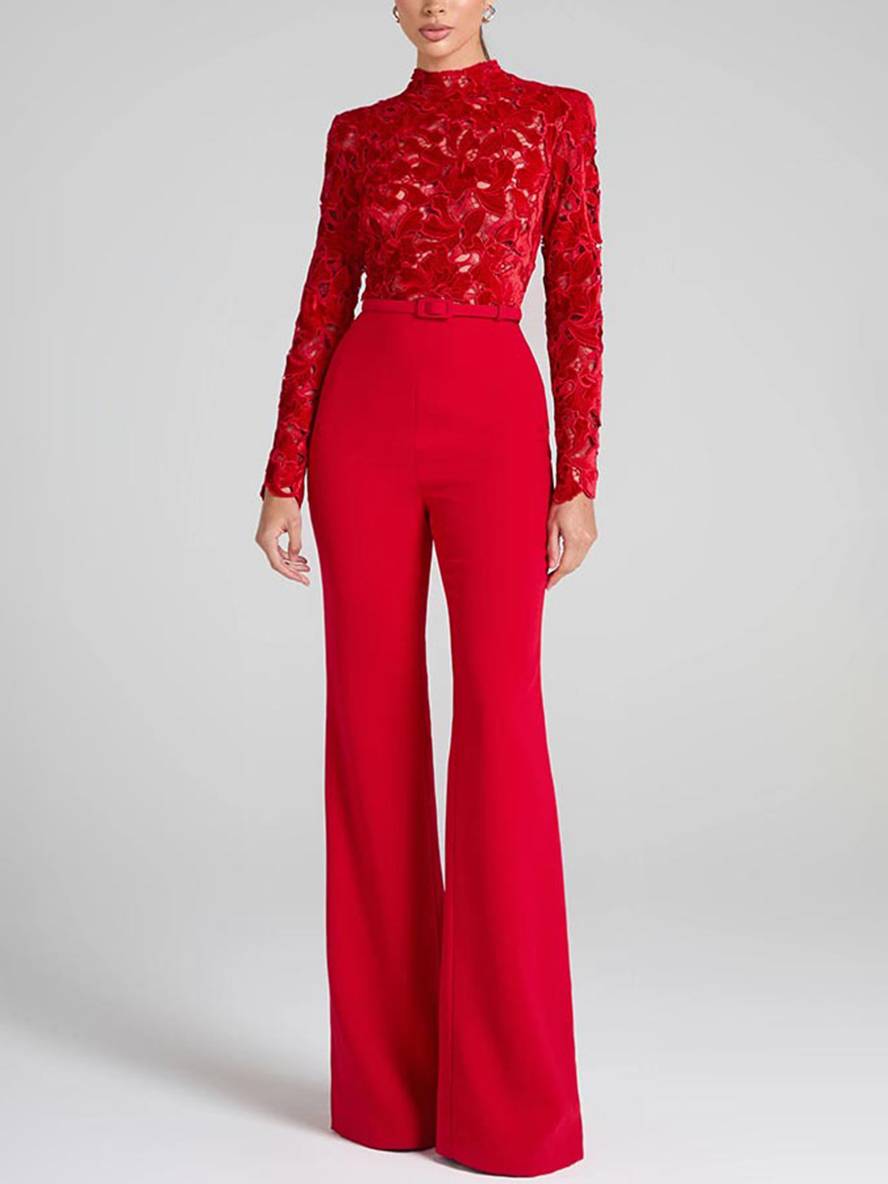 Levoire | Jumpsuits Évasés Broderie Anglaise Col Rond Manches Longues Ceinture Femmes Élégant Décontracté Slim Fitness Rot