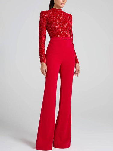Levoire | Jumpsuits Évasés Broderie Anglaise Col Rond Manches Longues Ceinture Femmes Élégant Décontracté Slim Fitness
