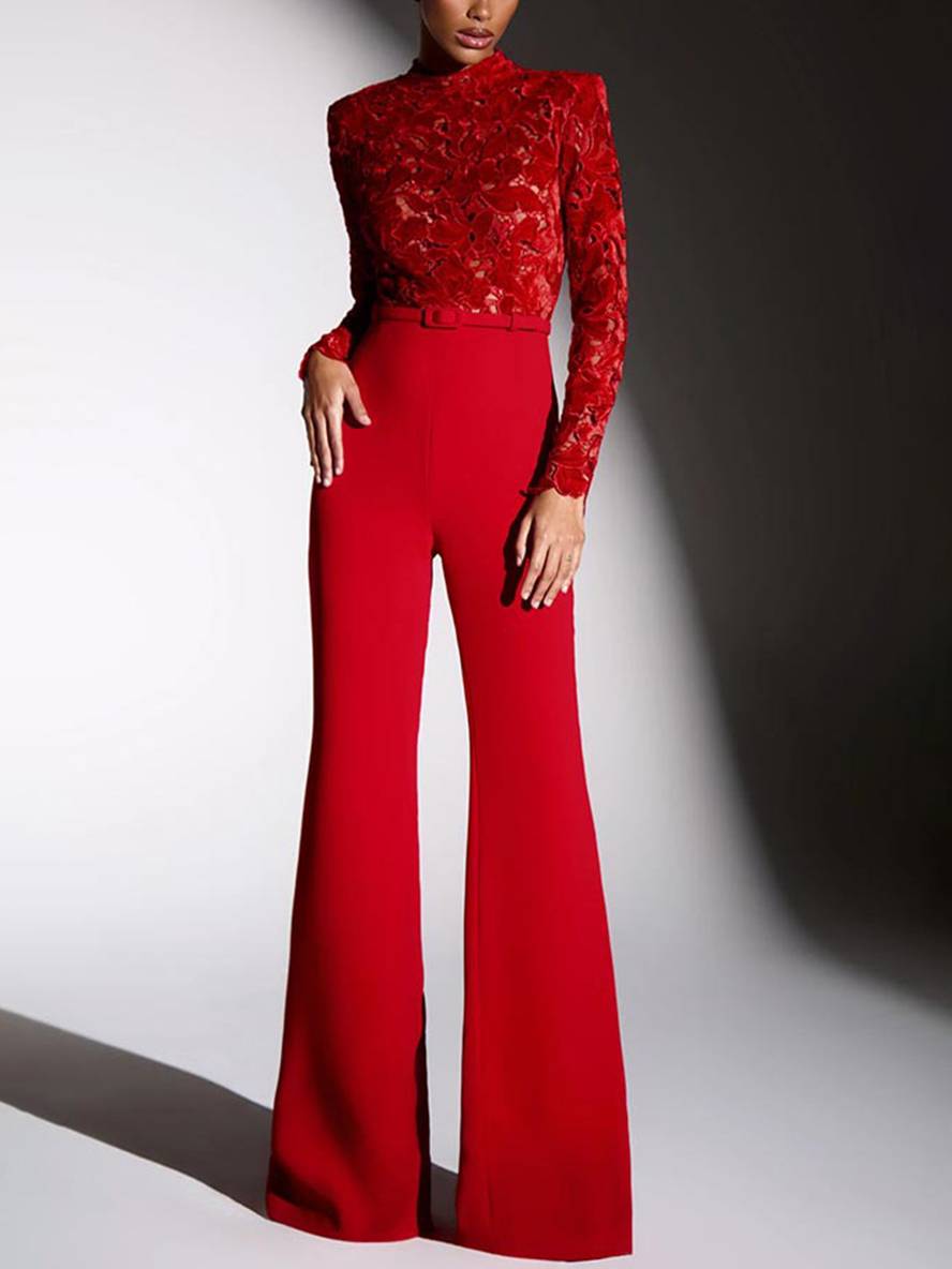 Levoire | Jumpsuits Évasés Broderie Anglaise Col Rond Manches Longues Ceinture Femmes Élégant Décontracté Slim Fitness