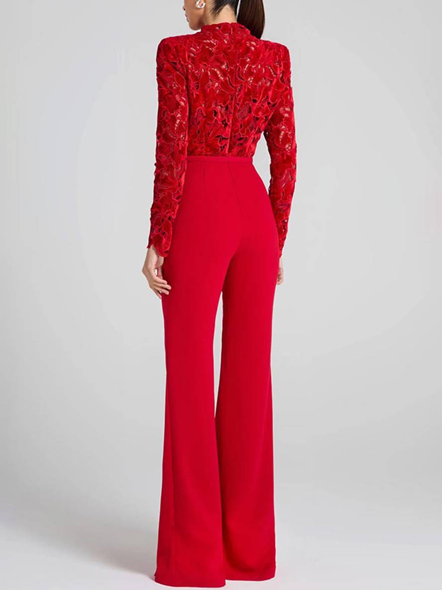 Levoire | Jumpsuits Évasés Broderie Anglaise Col Rond Manches Longues Ceinture Femmes Élégant Décontracté Slim Fitness