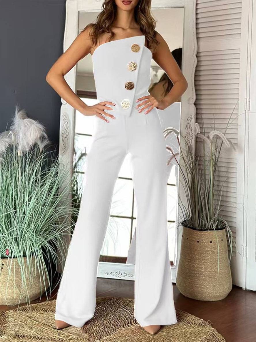 Levoire | Pantalon Salopette Évasé Uni Sans Bretelles À Fermeture À Boutons Sans Manches Pour Femmes Élégant Décontracté Blanc