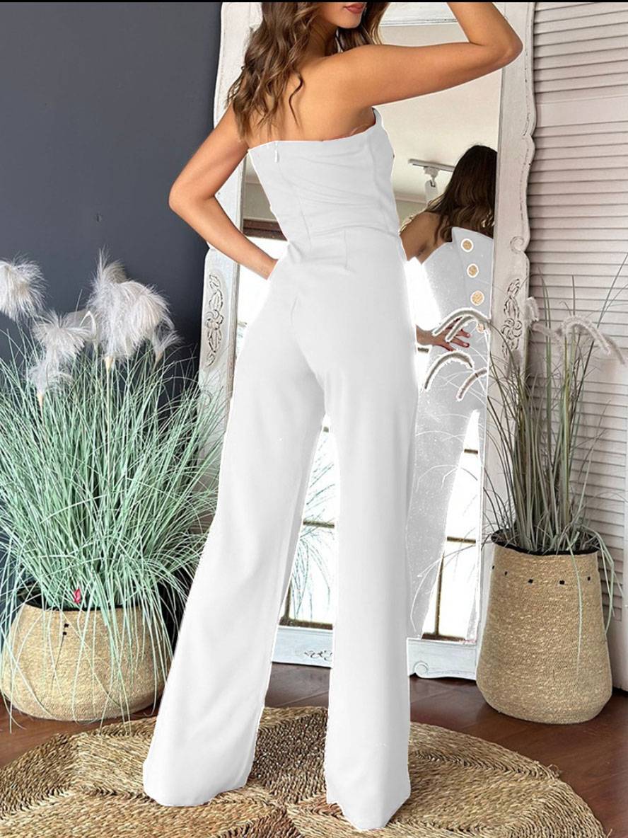 Levoire | Pantalon Salopette Évasé Uni Sans Bretelles À Fermeture À Boutons Sans Manches Pour Femmes Élégant Décontracté