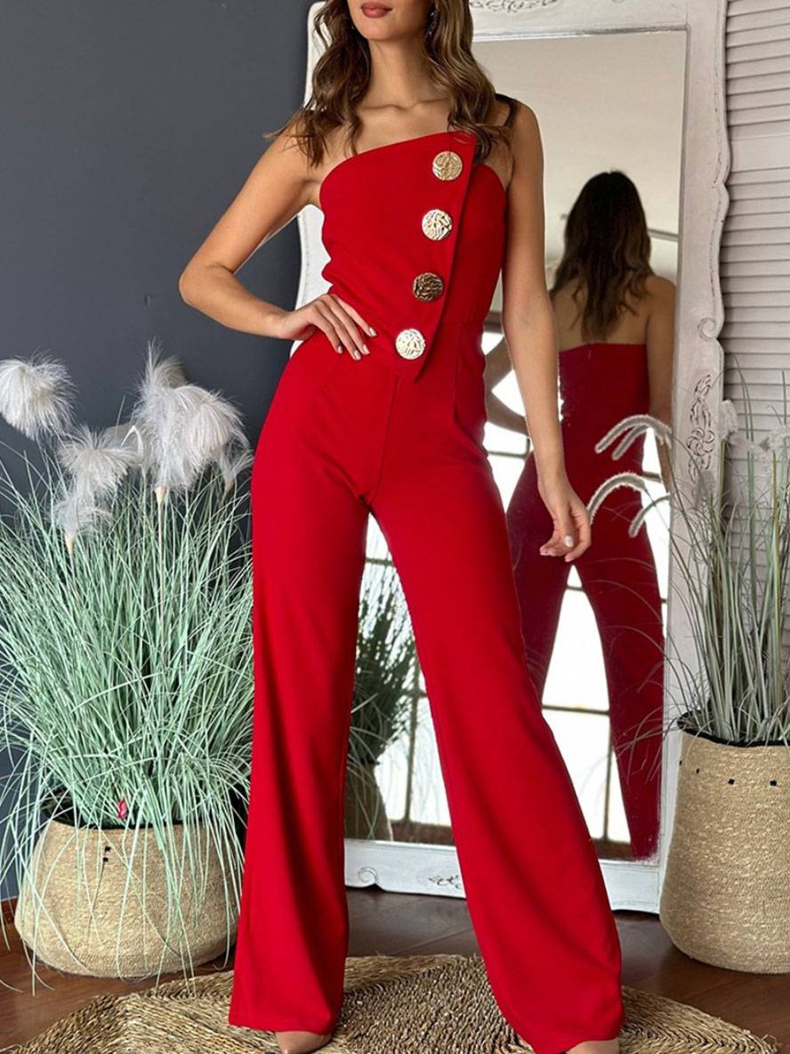 Levoire | Pantalon Salopette Évasé Uni Sans Bretelles À Fermeture À Boutons Sans Manches Pour Femmes Élégant Décontracté Rot