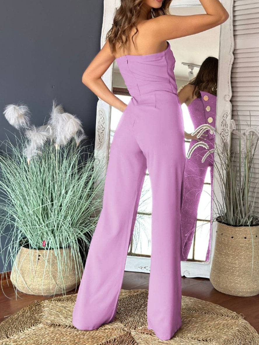Levoire | Pantalon Salopette Évasé Uni Sans Bretelles À Fermeture À Boutons Sans Manches Pour Femmes Élégant Décontracté