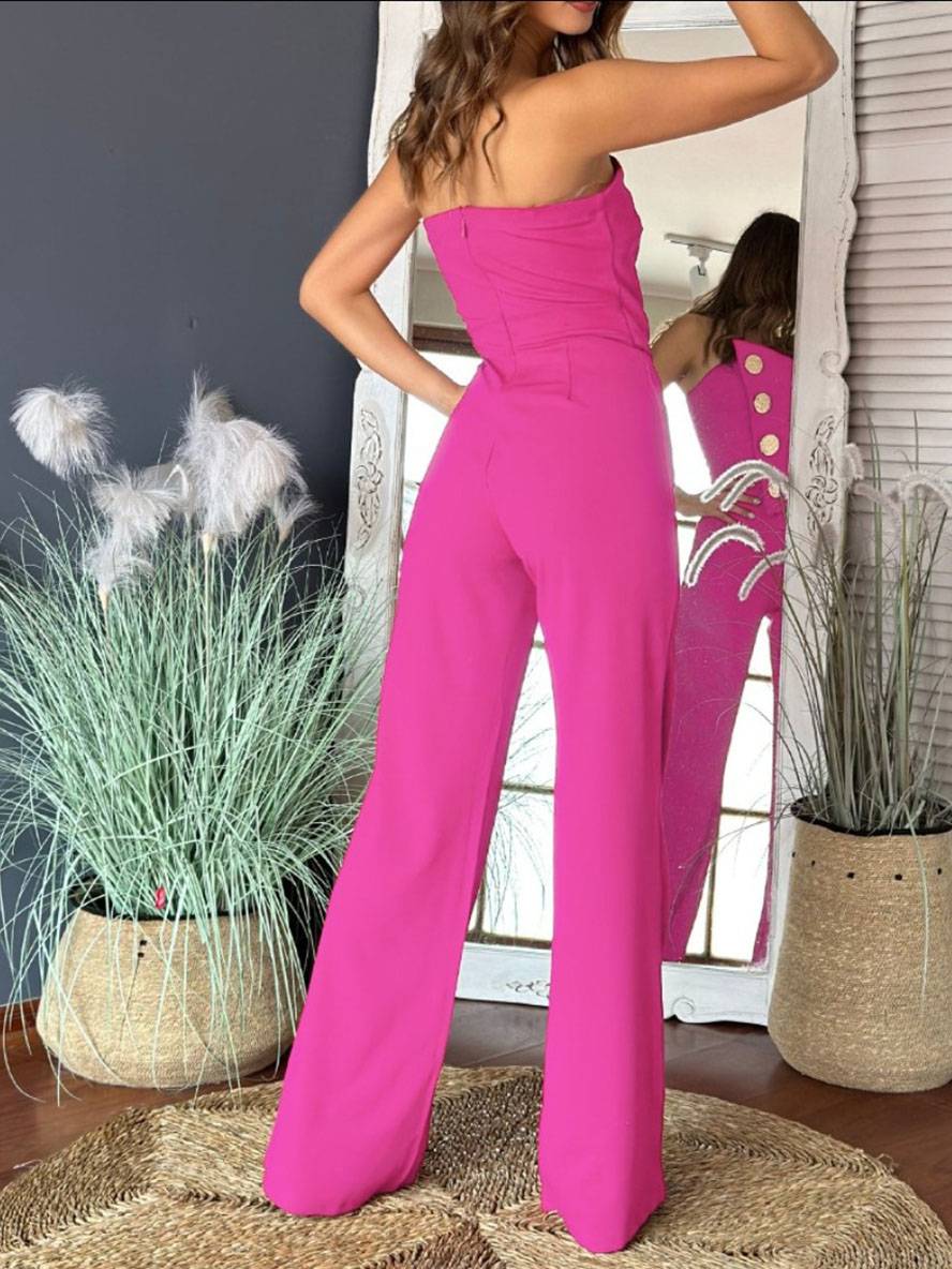 Levoire | Pantalon Salopette Évasé Uni Sans Bretelles À Fermeture À Boutons Sans Manches Pour Femmes Élégant Décontracté