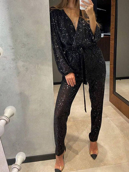 Levoire | Combinaisons À Décolleté En V Ceinture Scintillante À Sequins Décolleté Profond Manches Longues Femme Élégant Décontracté Mode Noël