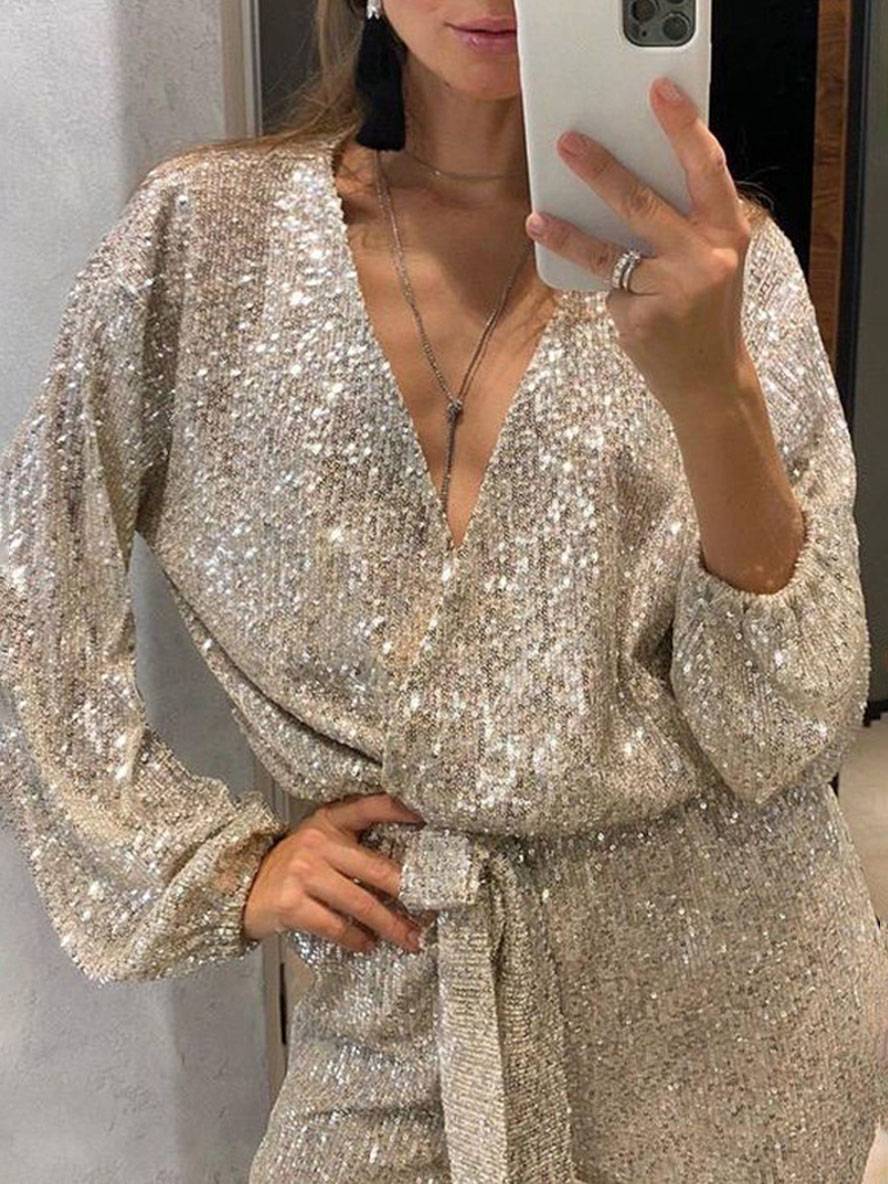 Levoire | Combinaisons À Décolleté En V Ceinture Scintillante À Sequins Décolleté Profond Manches Longues Femme Élégant Décontracté Mode Noël