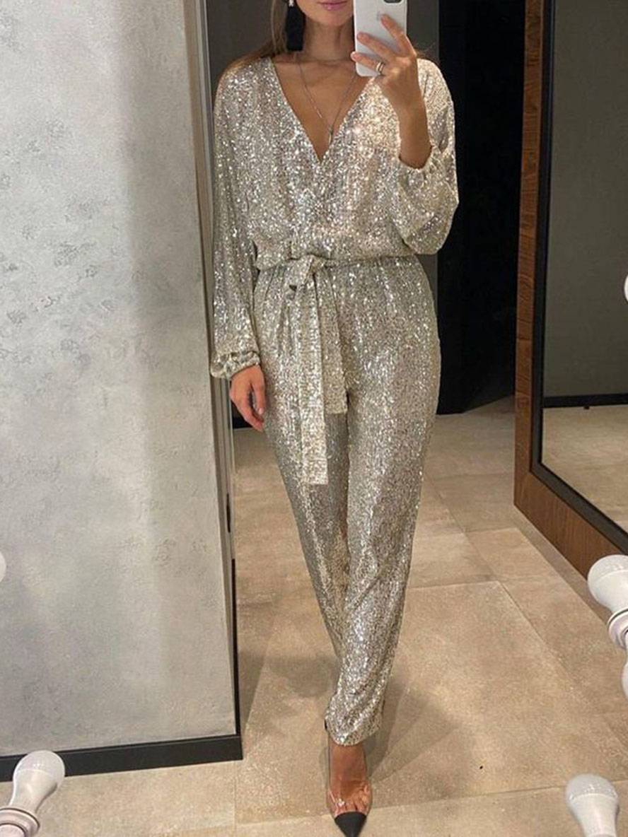 Levoire | Combinaisons À Décolleté En V Ceinture Scintillante À Sequins Décolleté Profond Manches Longues Femme Élégant Décontracté Mode Noël