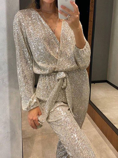 Levoire | Combinaisons À Décolleté En V Ceinture Scintillante À Sequins Décolleté Profond Manches Longues Femme Élégant Décontracté Mode Noël