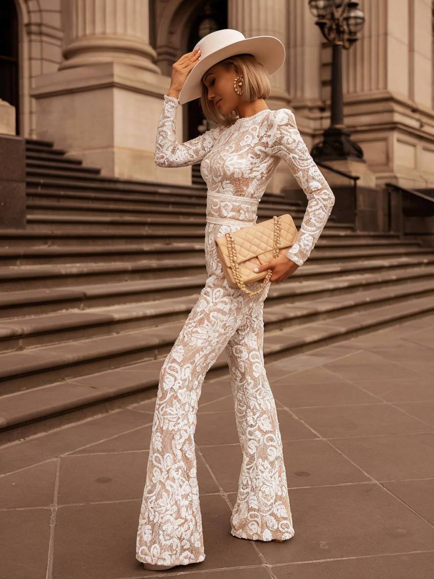 Levoire | Jumpsuits Évasés Évasé Dentelle Col Rond Ceinture Manches Longues Femmes Élégant Vintage