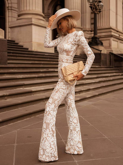 Levoire | Jumpsuits Évasés Évasé Dentelle Col Rond Ceinture Manches Longues Femmes Élégant Vintage