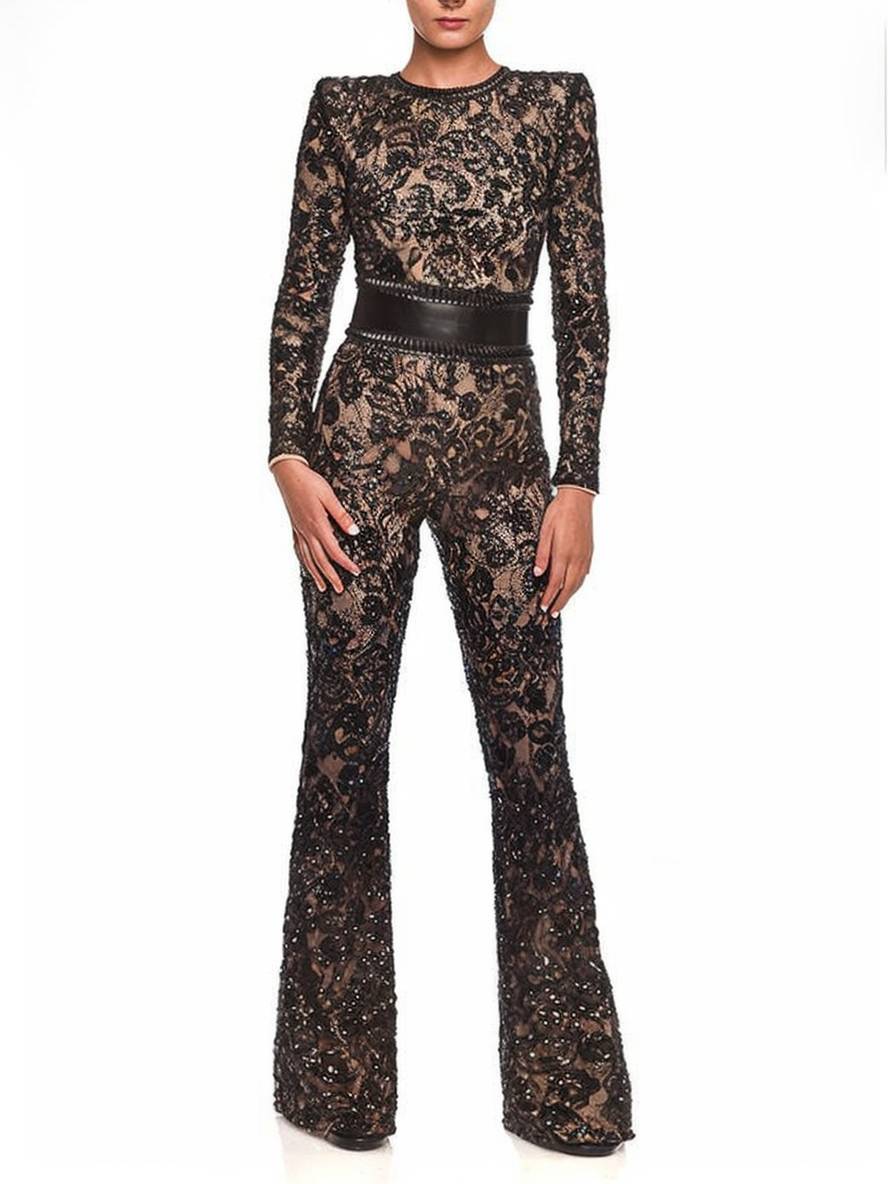 Levoire | Jumpsuits Évasés Évasé Dentelle Col Rond Ceinture Manches Longues Femmes Élégant Vintage Noir