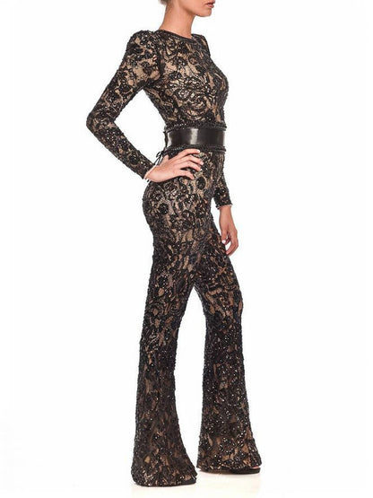 Levoire | Jumpsuits Évasés Évasé Dentelle Col Rond Ceinture Manches Longues Femmes Élégant Vintage