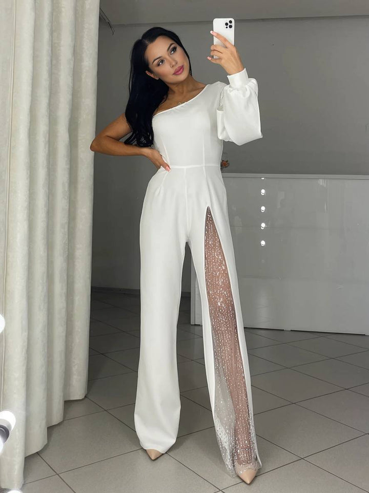 Levoire | Robe À Une Épaule Évasée Avec Fente Sur Le Côté À Manches Longues Pour Femme Casual Élégant Détendu Cérémonie Blanc