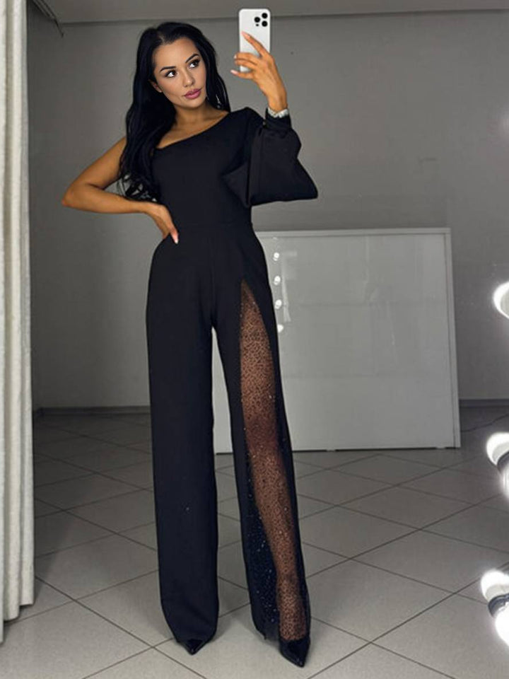 Levoire | Robe À Une Épaule Évasée Avec Fente Sur Le Côté À Manches Longues Pour Femme Casual Élégant Détendu Cérémonie Noir