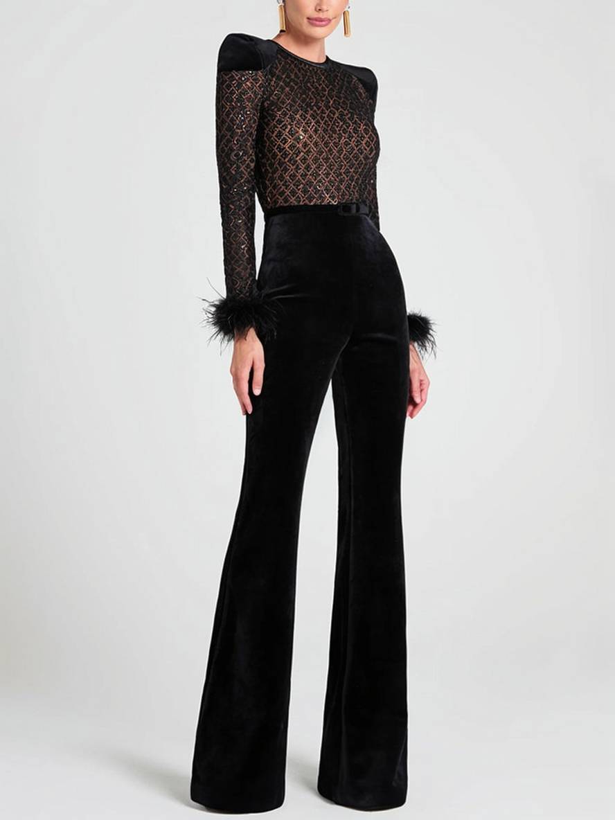 Levoire | Combinaison Slim Fit Évasée Col Rond Manches Longues Fermeture Éclair Femme Décontracté Élégant Cérémonie