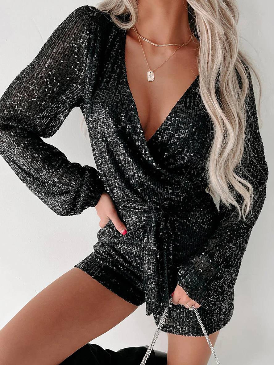 Levoire | Short Brillant Paillette Combinaison Ceinture Décolleté En V Manches Longues Femme Élégant Loisirs Cérémonie Combinaison