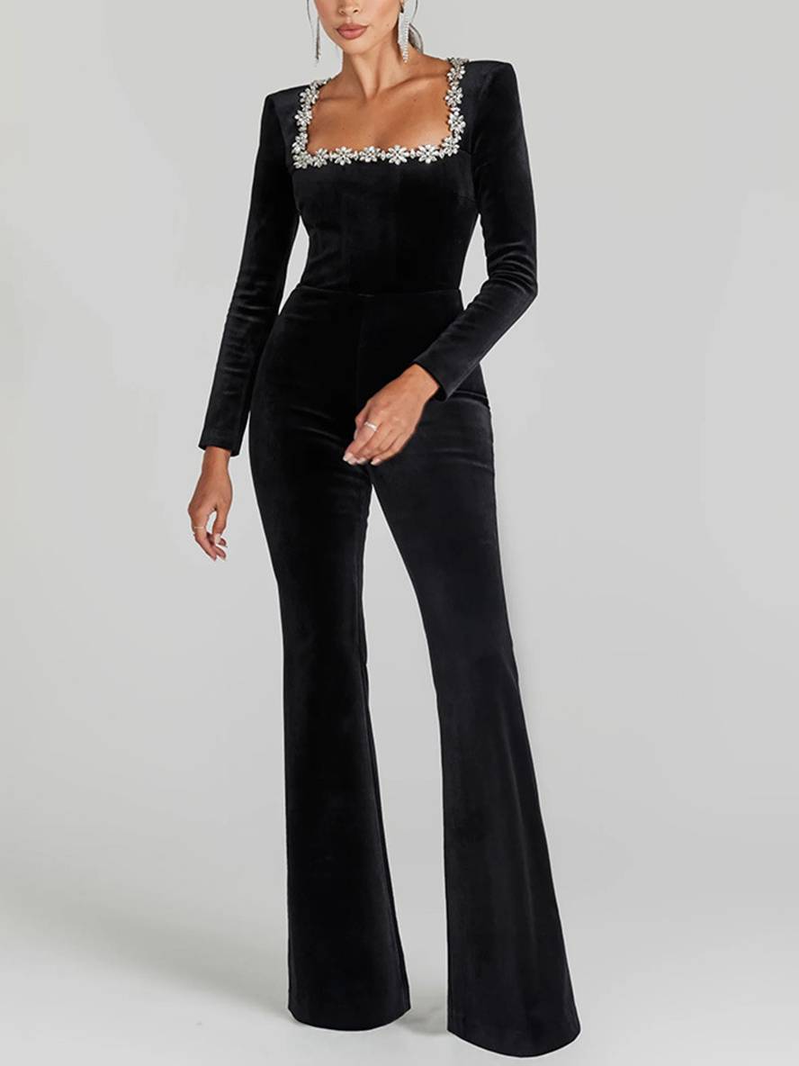 Levoire | Combinaison En Velours Évasée Col Carré Manches Longues Fitness Slim Femmes Élégant Loisirs Occasion