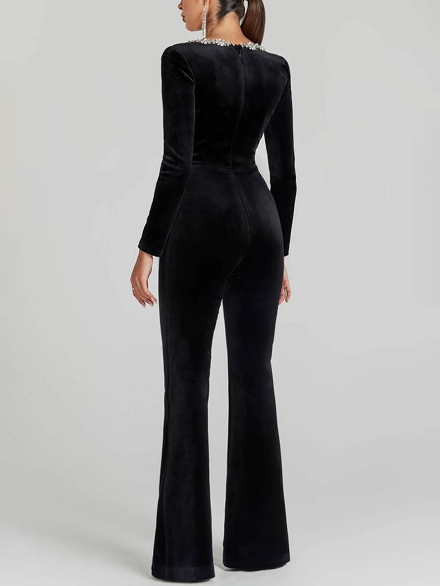 Levoire | Combinaison En Velours Évasée Col Carré Manches Longues Fitness Slim Femmes Élégant Loisirs Occasion