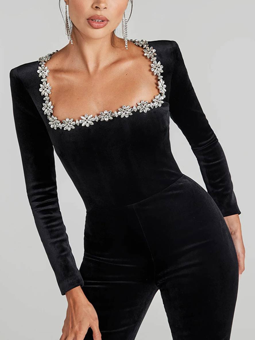 Levoire | Combinaison En Velours Évasée Col Carré Manches Longues Fitness Slim Femmes Élégant Loisirs Occasion