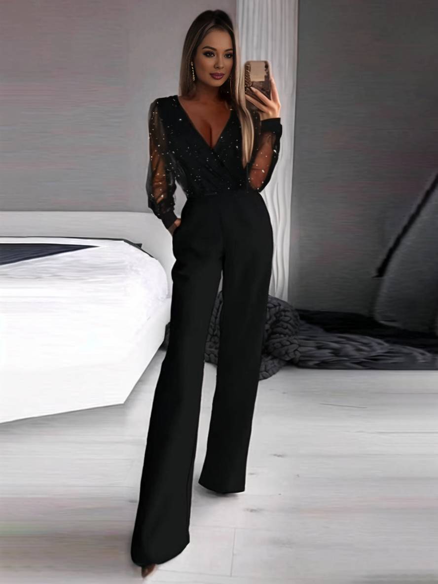 Levoire | Combinaison Schlag V-Cou Tulle Manches Longues Poches Femme Décontracté Ample Overall Noir