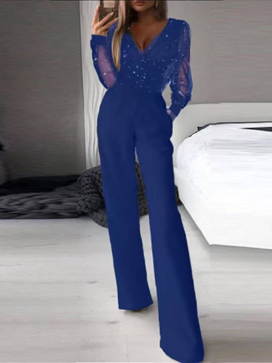 Levoire | Combinaison Schlag V-Cou Tulle Manches Longues Poches Femme Décontracté Ample Overall Bleu