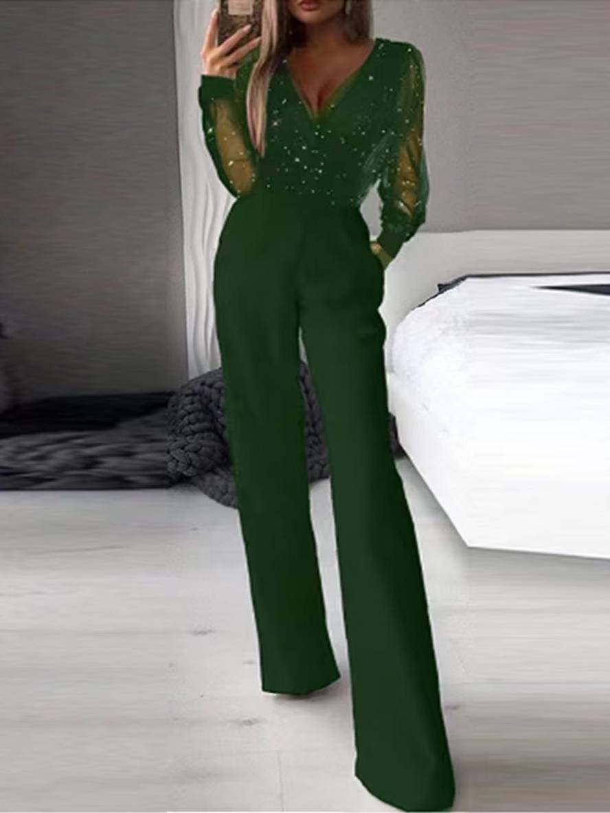 Levoire | Combinaison Schlag V-Cou Tulle Manches Longues Poches Femme Décontracté Ample Overall Vert
