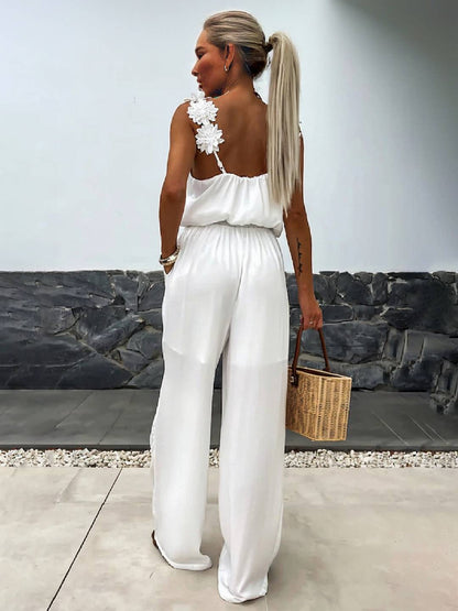 Levoire | Pantalons Larges Avec Jambes Évasées, Décolleté En V, Avec Poches Et Découpe Au Dos, Style Décontracté Sans Bretelles Pour Femmes