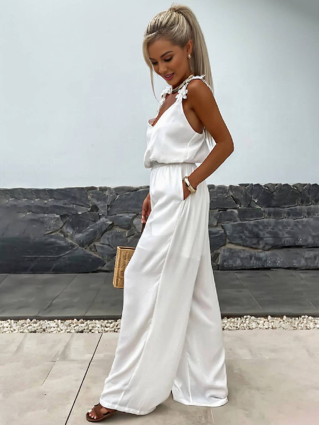 Levoire | Pantalons Larges Avec Jambes Évasées, Décolleté En V, Avec Poches Et Découpe Au Dos, Style Décontracté Sans Bretelles Pour Femmes