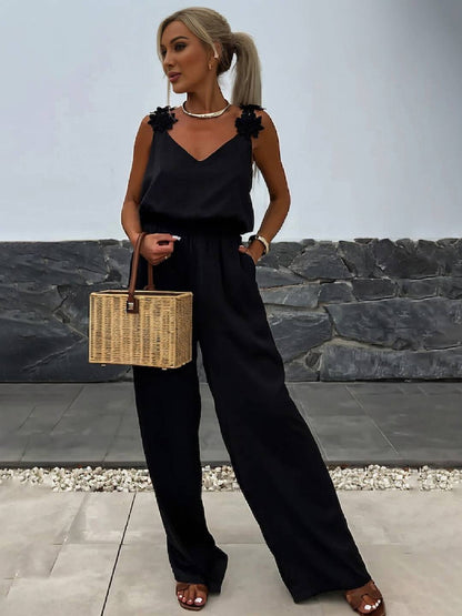 Levoire | Pantalons Larges Avec Jambes Évasées, Décolleté En V, Avec Poches Et Découpe Au Dos, Style Décontracté Sans Bretelles Pour Femmes Noir