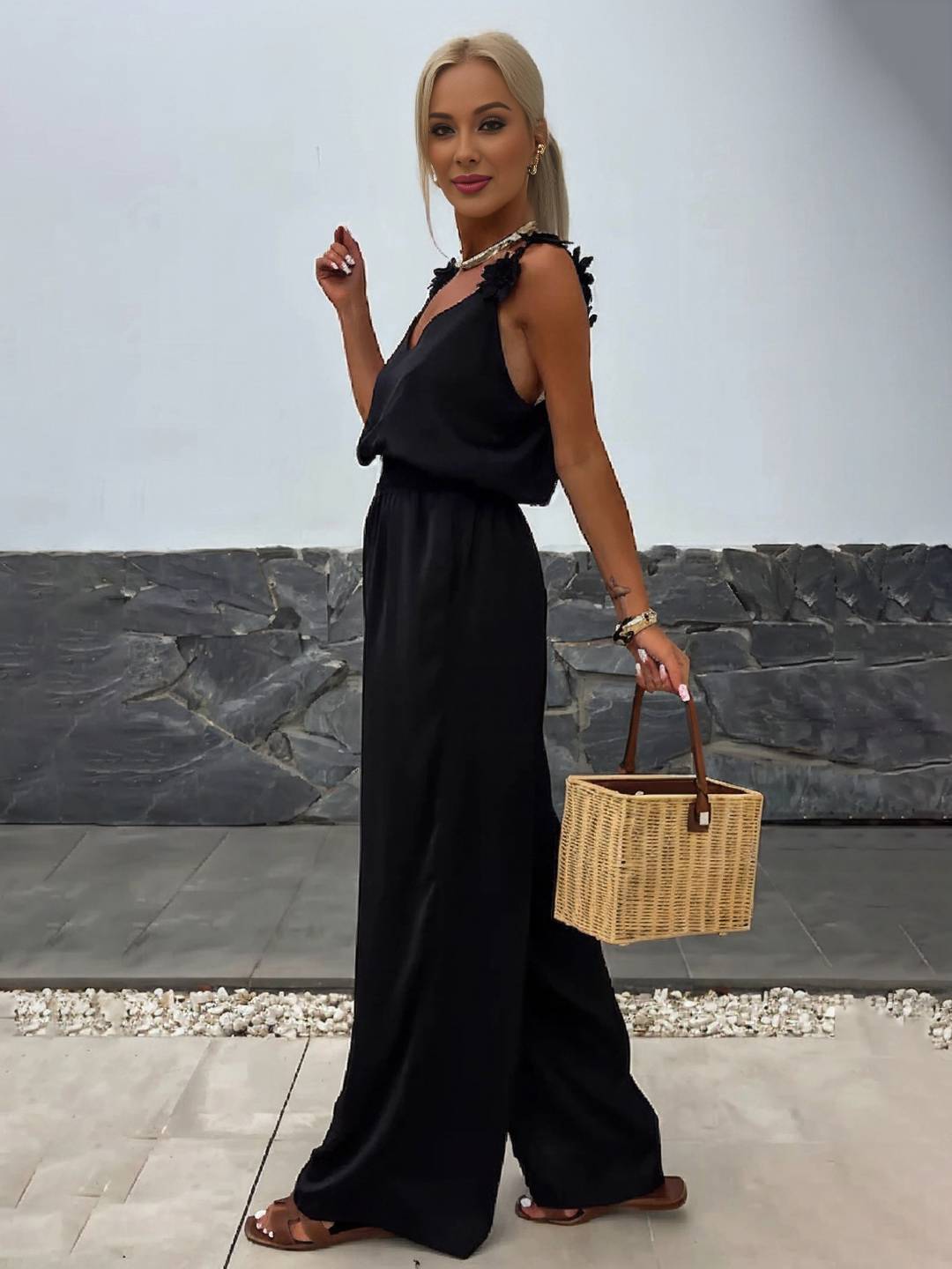 Levoire | Pantalons Larges Avec Jambes Évasées, Décolleté En V, Avec Poches Et Découpe Au Dos, Style Décontracté Sans Bretelles Pour Femmes