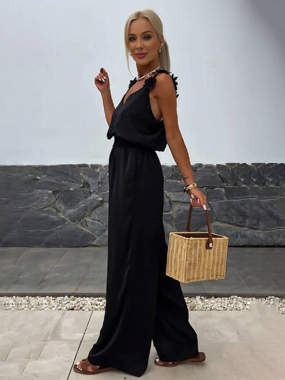 Levoire | Pantalons Larges Avec Jambes Évasées, Décolleté En V, Avec Poches Et Découpe Au Dos, Style Décontracté Sans Bretelles Pour Femmes