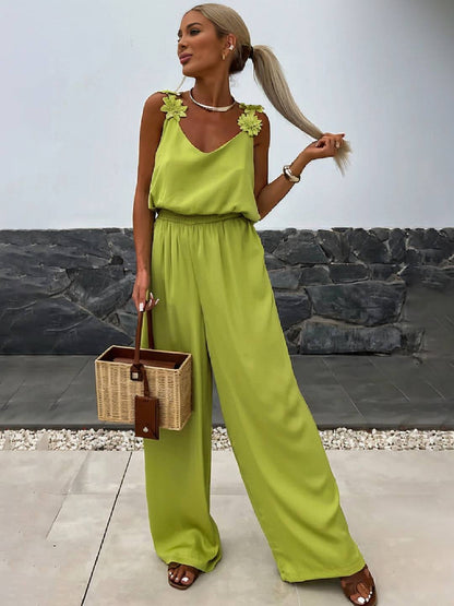 Levoire | Pantalons Larges Avec Jambes Évasées, Décolleté En V, Avec Poches Et Découpe Au Dos, Style Décontracté Sans Bretelles Pour Femmes Vert