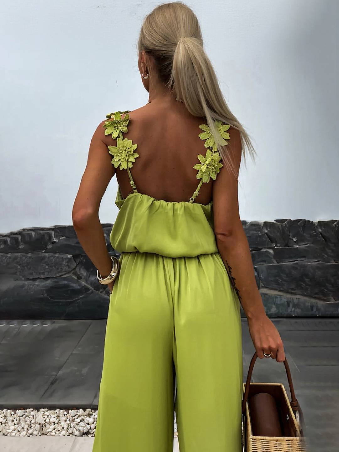 Levoire | Pantalons Larges Avec Jambes Évasées, Décolleté En V, Avec Poches Et Découpe Au Dos, Style Décontracté Sans Bretelles Pour Femmes