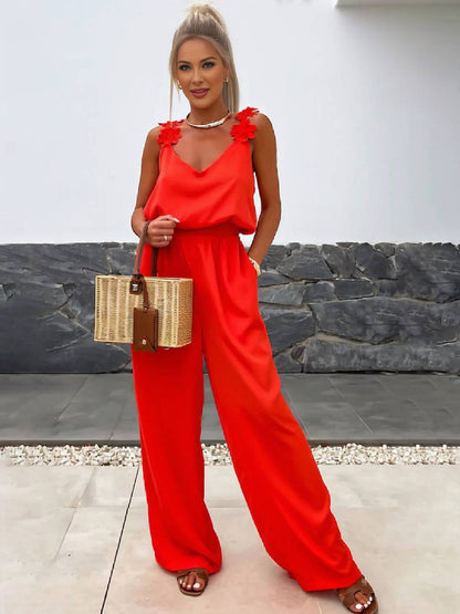 Levoire | Pantalons Larges Avec Jambes Évasées, Décolleté En V, Avec Poches Et Découpe Au Dos, Style Décontracté Sans Bretelles Pour Femmes Rot