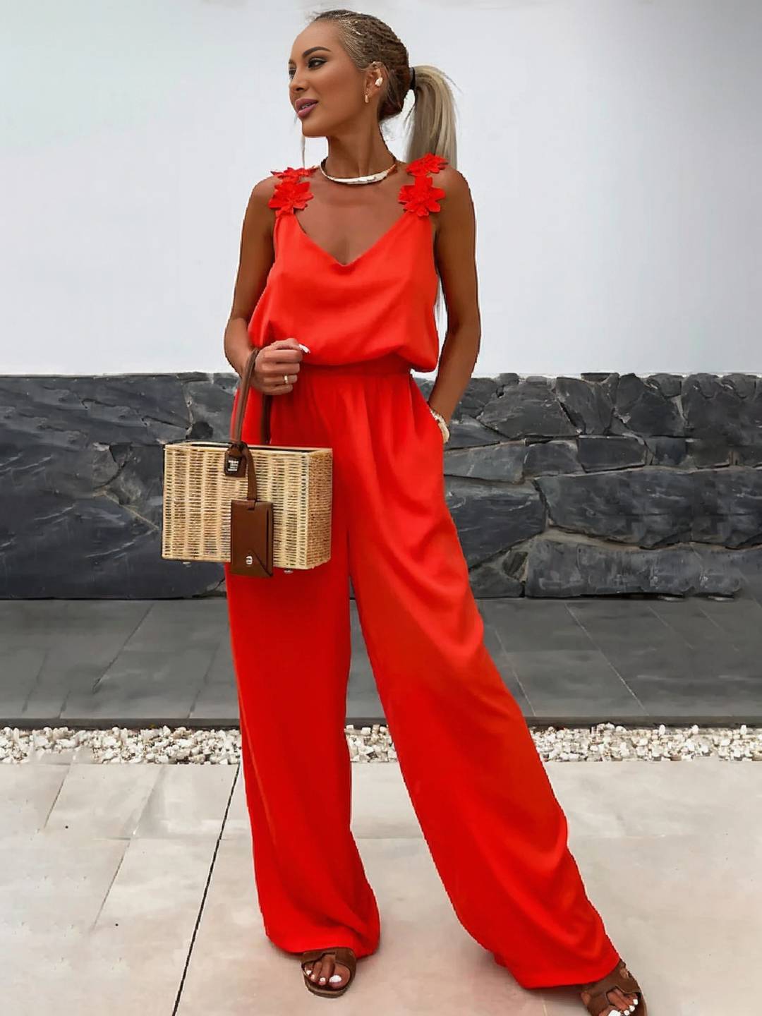 Levoire | Pantalons Larges Avec Jambes Évasées, Décolleté En V, Avec Poches Et Découpe Au Dos, Style Décontracté Sans Bretelles Pour Femmes