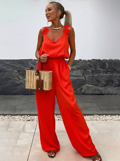 Levoire | Pantalons Larges Avec Jambes Évasées, Décolleté En V, Avec Poches Et Découpe Au Dos, Style Décontracté Sans Bretelles Pour Femmes