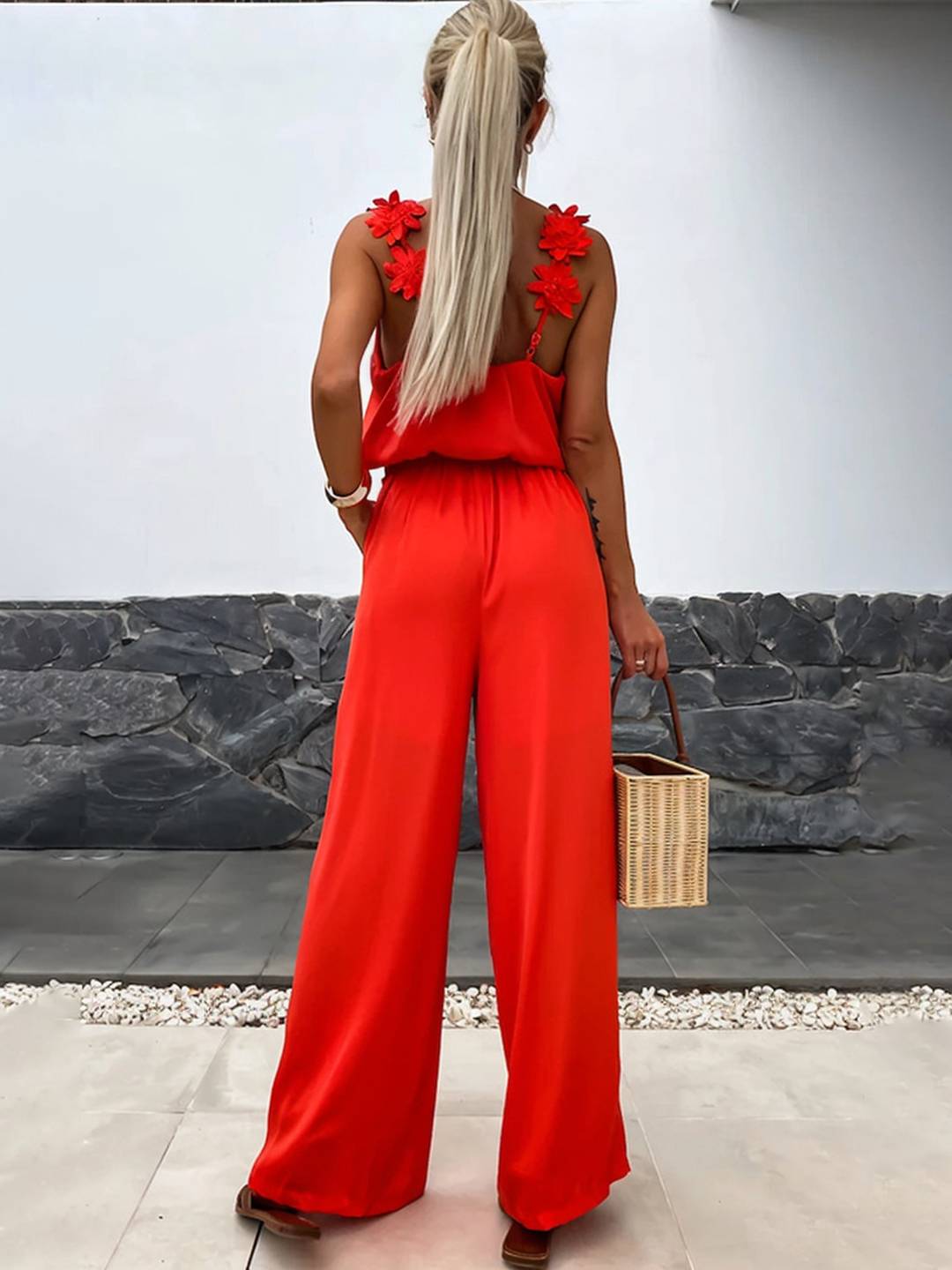 Levoire | Pantalons Larges Avec Jambes Évasées, Décolleté En V, Avec Poches Et Découpe Au Dos, Style Décontracté Sans Bretelles Pour Femmes