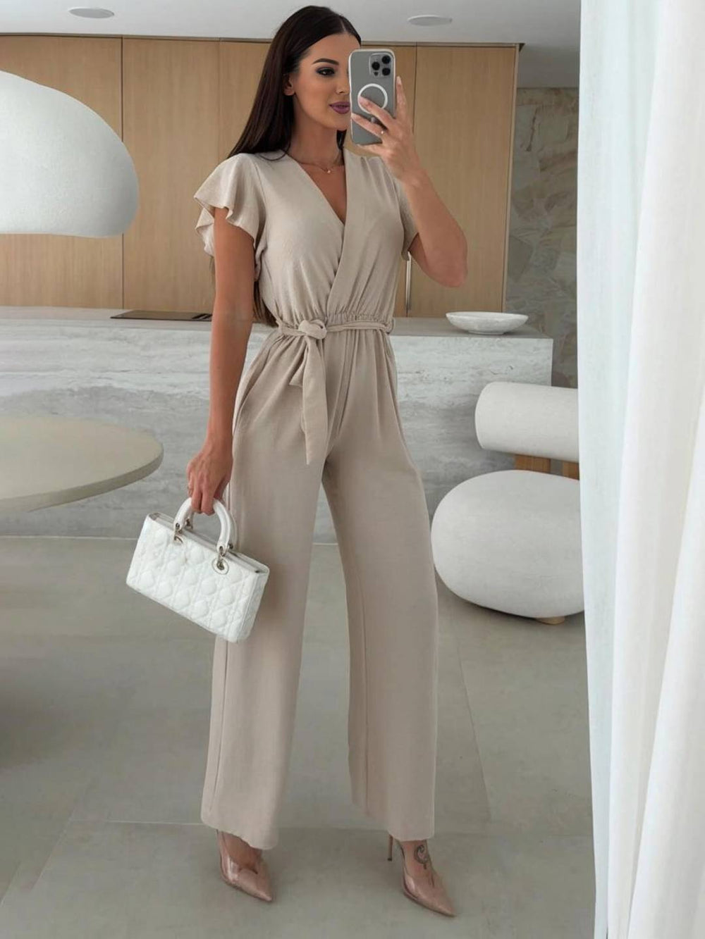 Levoire | Robe Ample Unie Avec Décolleté En V, Ceinture Nouée, Superposée, Pour Femmes Décontractée