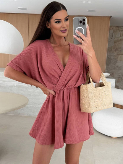 Levoire | Combinaison Courte À Col En V À Manches Courtes Pour Femmes Mode Bohème Décontractée Playsuit Brique