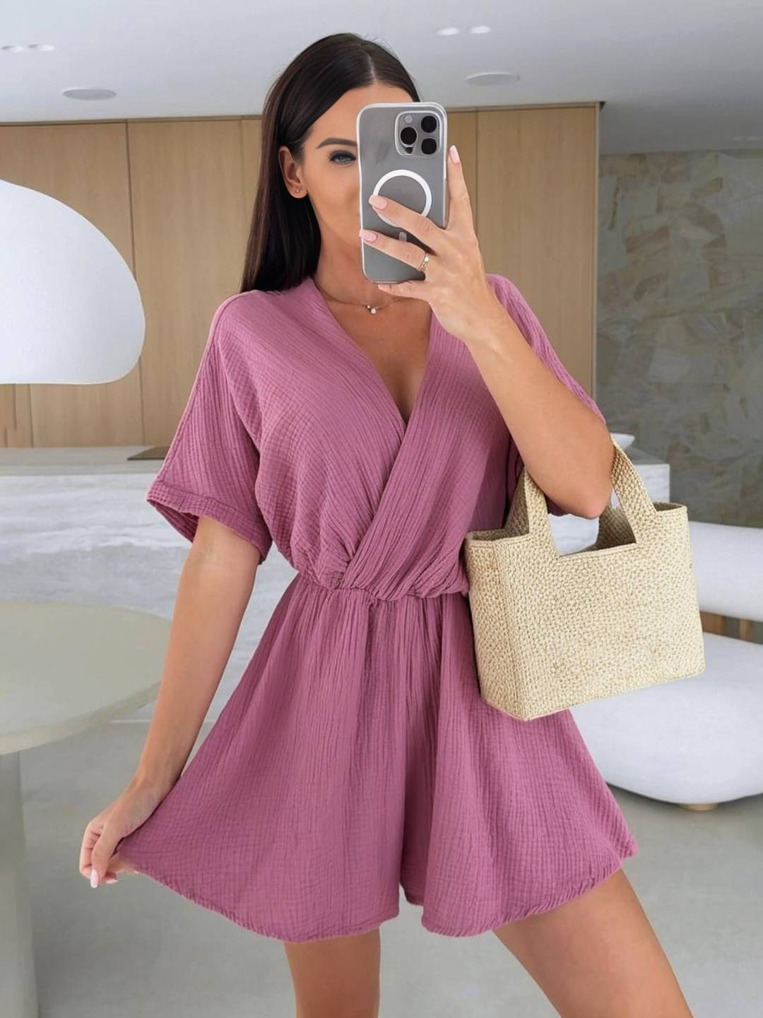 Levoire | Combinaison Courte À Col En V À Manches Courtes Pour Femmes Mode Bohème Décontractée Playsuit Rosa