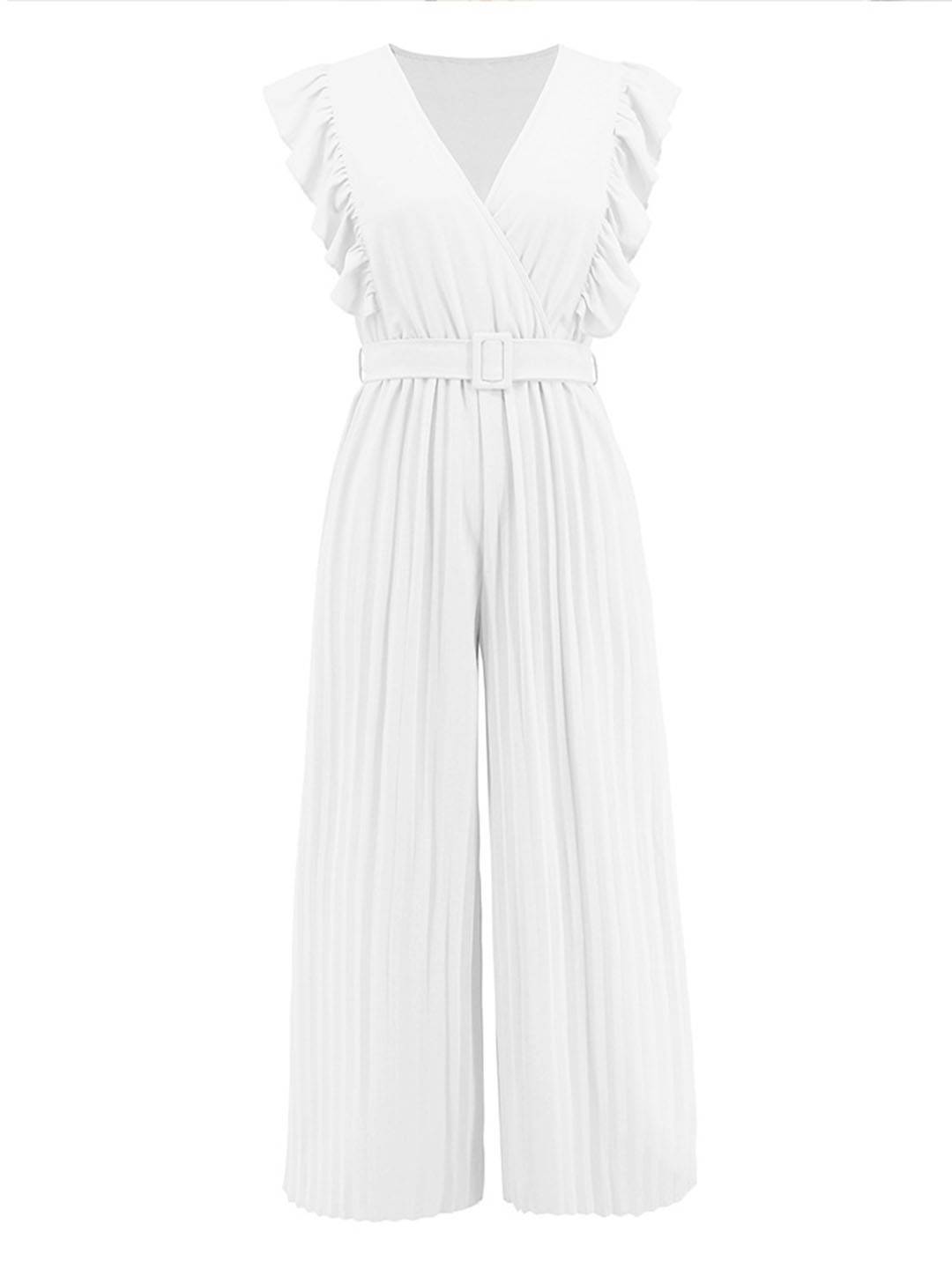 Levoire | Pantalons Larges Combinaisons Décolleté En V Festonné Plissé Ceinture Sans Manches Femme Élégant Boho Décontracté