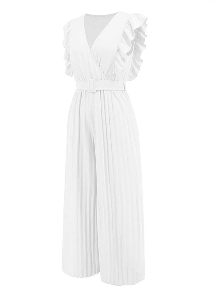 Levoire | Pantalons Larges Combinaisons Décolleté En V Festonné Plissé Ceinture Sans Manches Femme Élégant Boho Décontracté