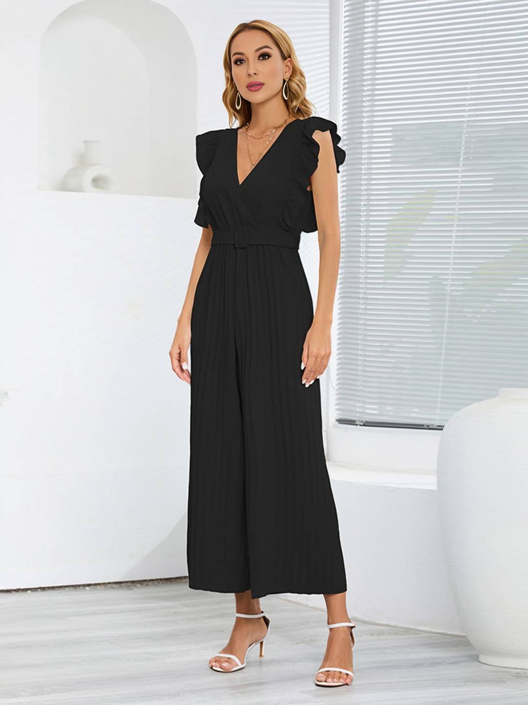 Levoire | Pantalons Larges Combinaisons Décolleté En V Festonné Plissé Ceinture Sans Manches Femme Élégant Boho Décontracté