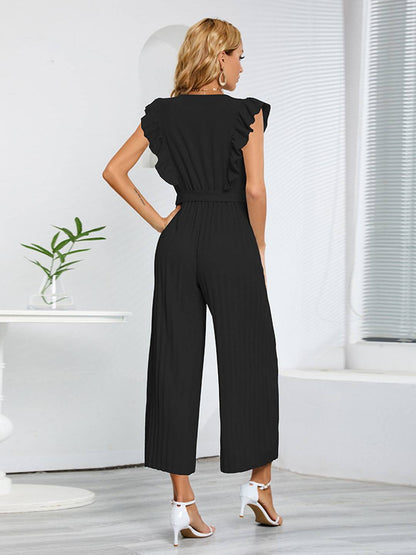 Levoire | Pantalons Larges Combinaisons Décolleté En V Festonné Plissé Ceinture Sans Manches Femme Élégant Boho Décontracté