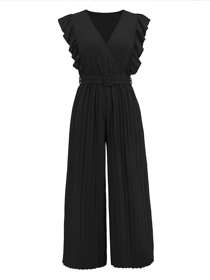 Levoire | Pantalons Larges Combinaisons Décolleté En V Festonné Plissé Ceinture Sans Manches Femme Élégant Boho Décontracté