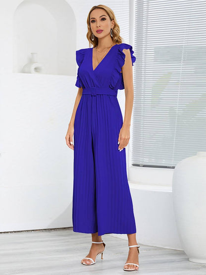 Levoire | Pantalons Larges Combinaisons Décolleté En V Festonné Plissé Ceinture Sans Manches Femme Élégant Boho Décontracté