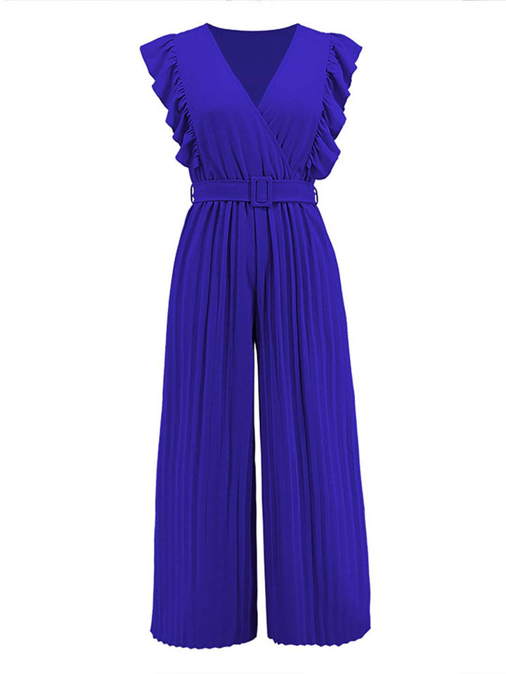 Levoire | Pantalons Larges Combinaisons Décolleté En V Festonné Plissé Ceinture Sans Manches Femme Élégant Boho Décontracté