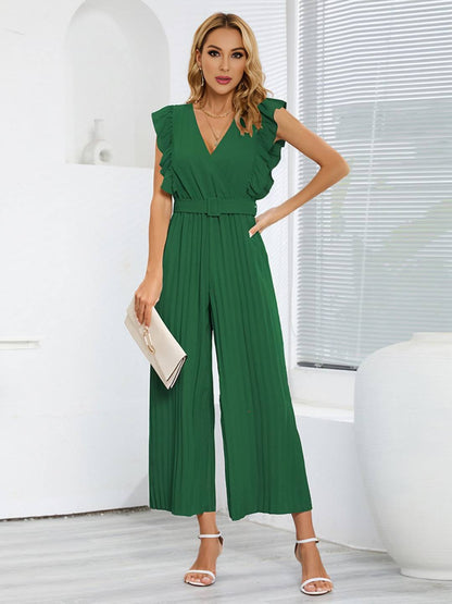 Levoire | Pantalons Larges Combinaisons Décolleté En V Festonné Plissé Ceinture Sans Manches Femme Élégant Boho Décontracté Vert